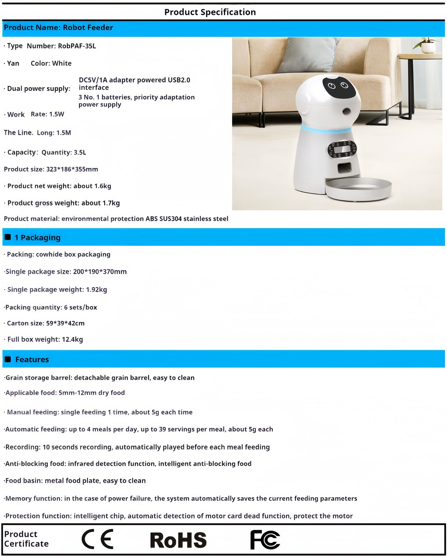 Pet automatic feeder, cat and dog timed and quantitative intelligent feeding machine