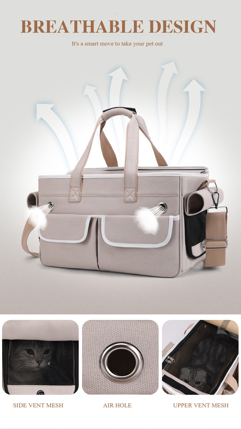 A fashionable and practical pet carrier with multiple pockets and ventilation holes, convenient for pet travel.