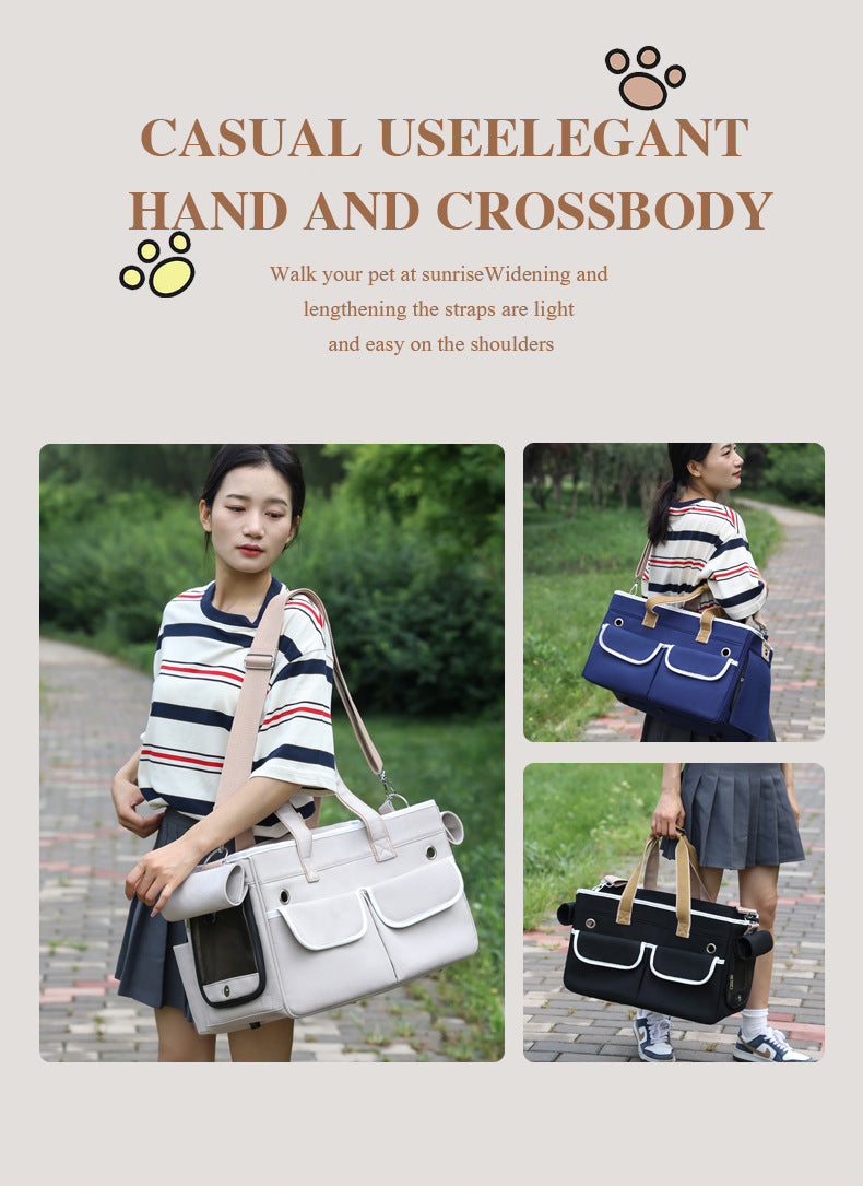 A fashionable and practical pet carrier with multiple pockets and ventilation holes, convenient for pet travel.