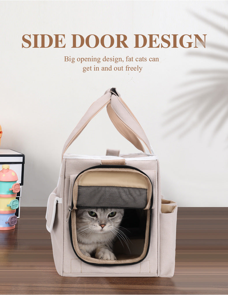 A fashionable and practical pet carrier with multiple pockets and ventilation holes, convenient for pet travel.