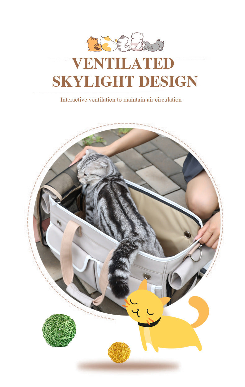 A fashionable and practical pet carrier with multiple pockets and ventilation holes, convenient for pet travel.