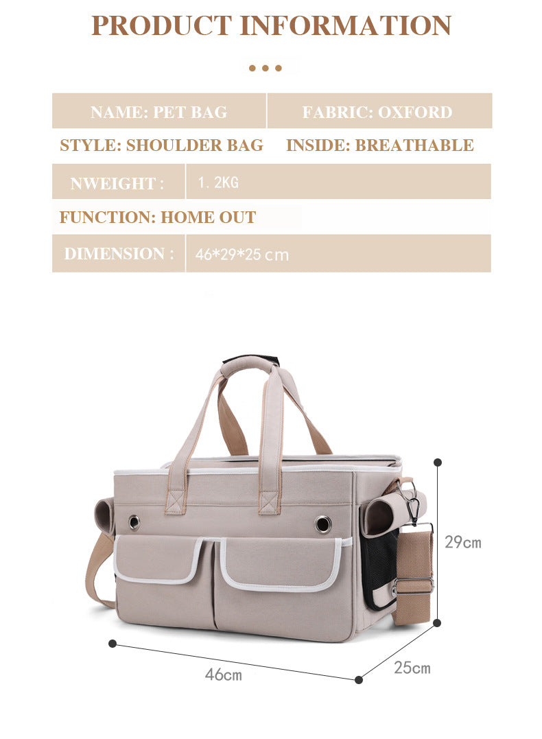 A fashionable and practical pet carrier with multiple pockets and ventilation holes, convenient for pet travel.