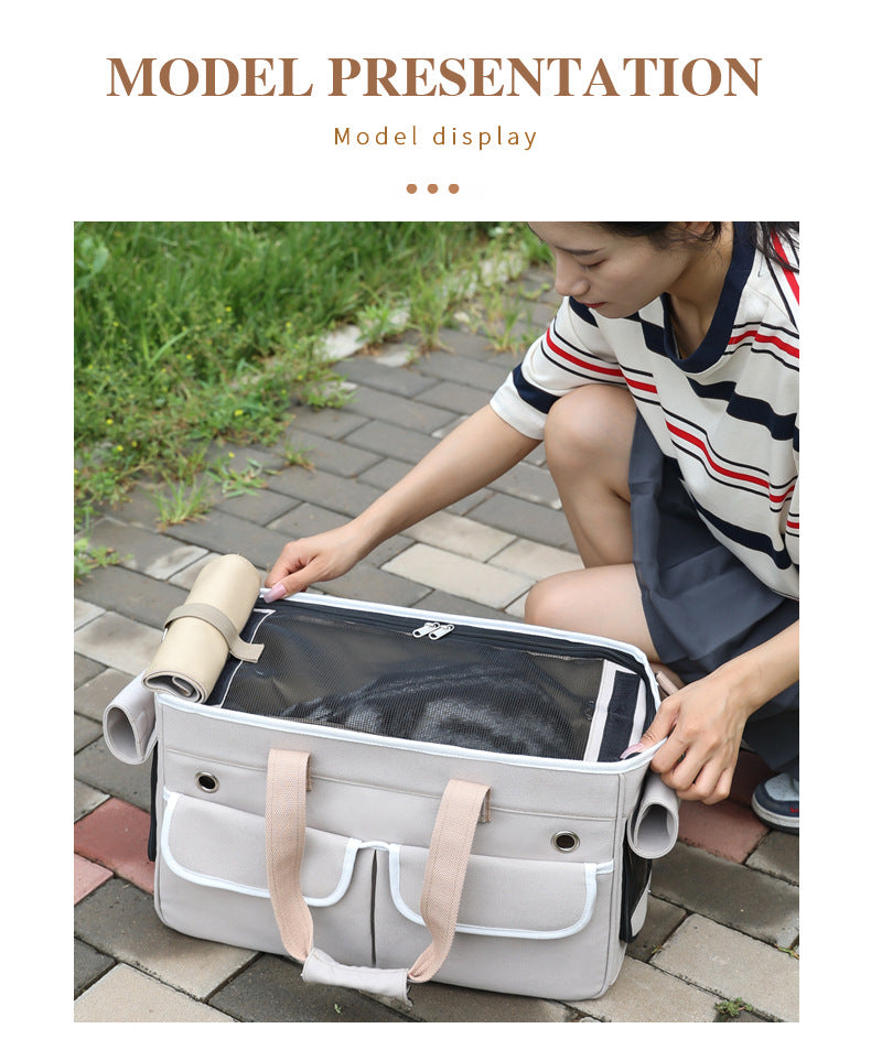 A fashionable and practical pet carrier with multiple pockets and ventilation holes, convenient for pet travel.