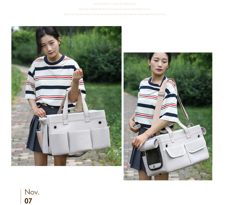 A fashionable and practical pet carrier with multiple pockets and ventilation holes, convenient for pet travel.