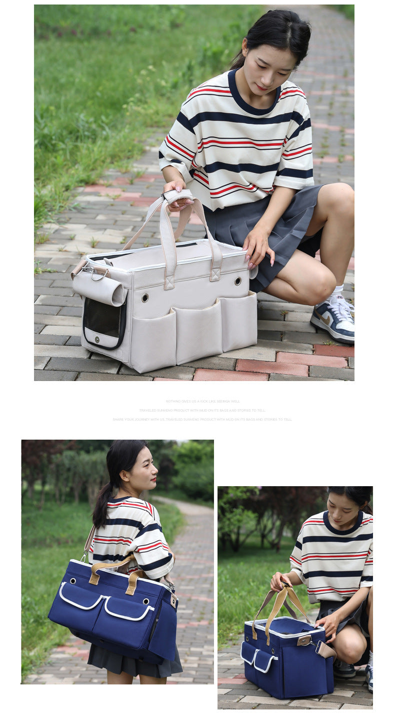 A fashionable and practical pet carrier with multiple pockets and ventilation holes, convenient for pet travel.