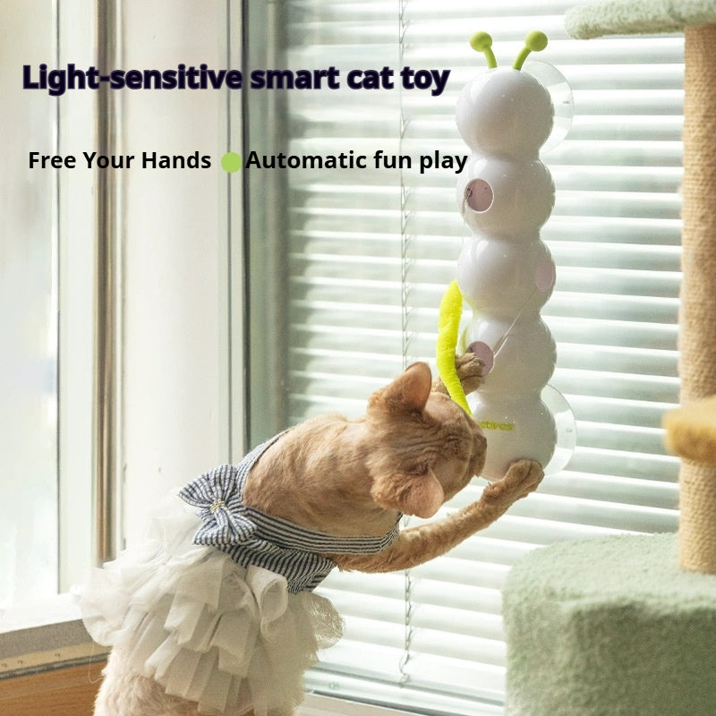 Automatic cat teaser stick with a chasing caterpillar