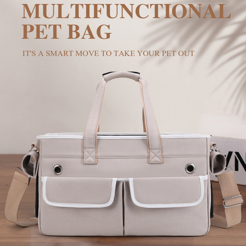 A fashionable and practical pet carrier with multiple pockets and ventilation holes, convenient for pet travel.