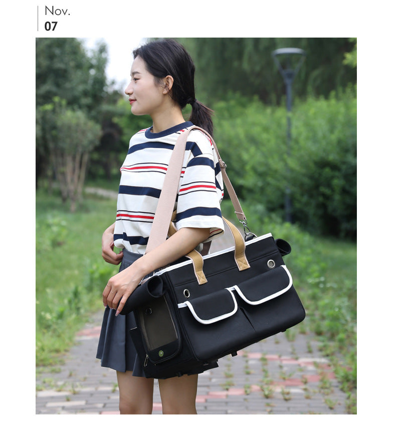 A fashionable and practical pet carrier with multiple pockets and ventilation holes, convenient for pet travel.