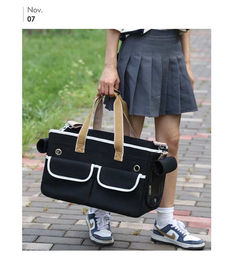 A fashionable and practical pet carrier with multiple pockets and ventilation holes, convenient for pet travel.