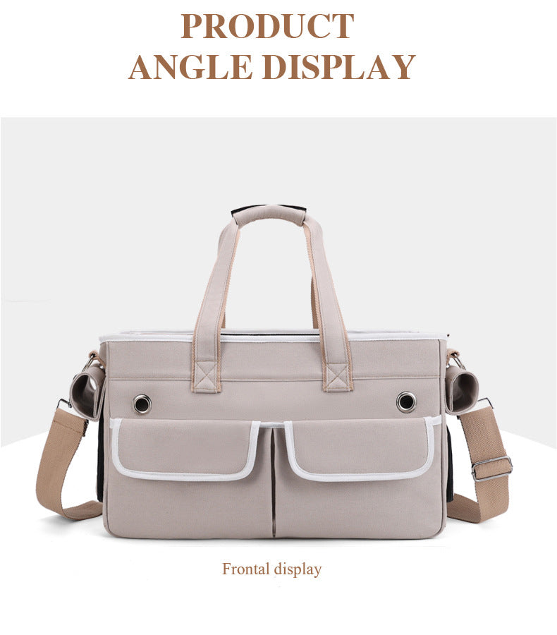 A fashionable and practical pet carrier with multiple pockets and ventilation holes, convenient for pet travel.