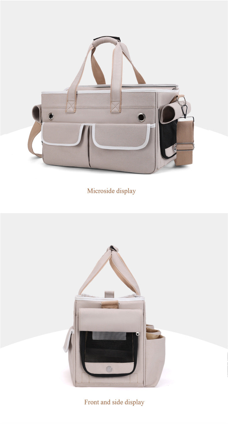 A fashionable and practical pet carrier with multiple pockets and ventilation holes, convenient for pet travel.