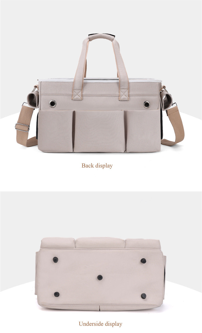 A fashionable and practical pet carrier with multiple pockets and ventilation holes, convenient for pet travel.