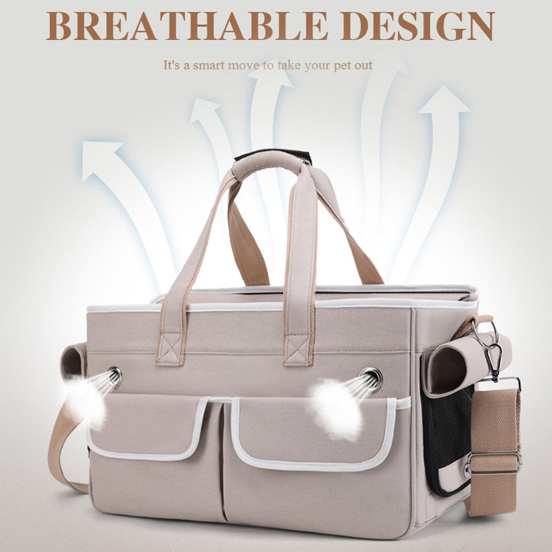A fashionable and practical pet carrier with multiple pockets and ventilation holes, convenient for pet travel.