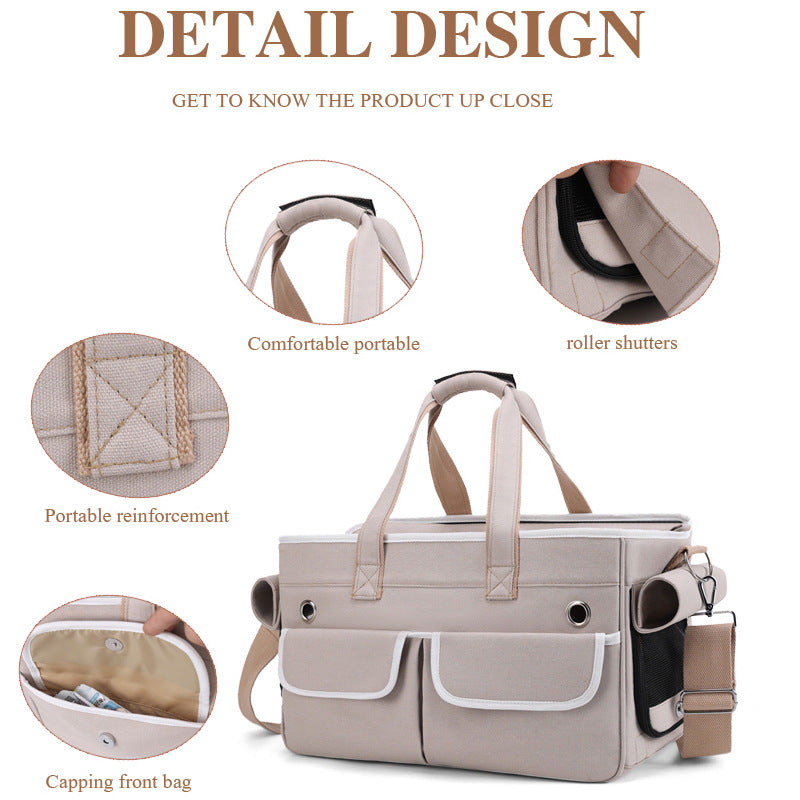 A fashionable and practical pet carrier with multiple pockets and ventilation holes, convenient for pet travel.