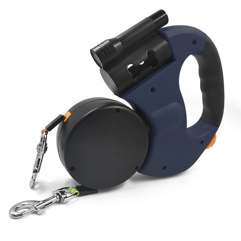 Automatic telescopic leash with LED flashlight, one tow two, double-head dog walking leash, dog leash