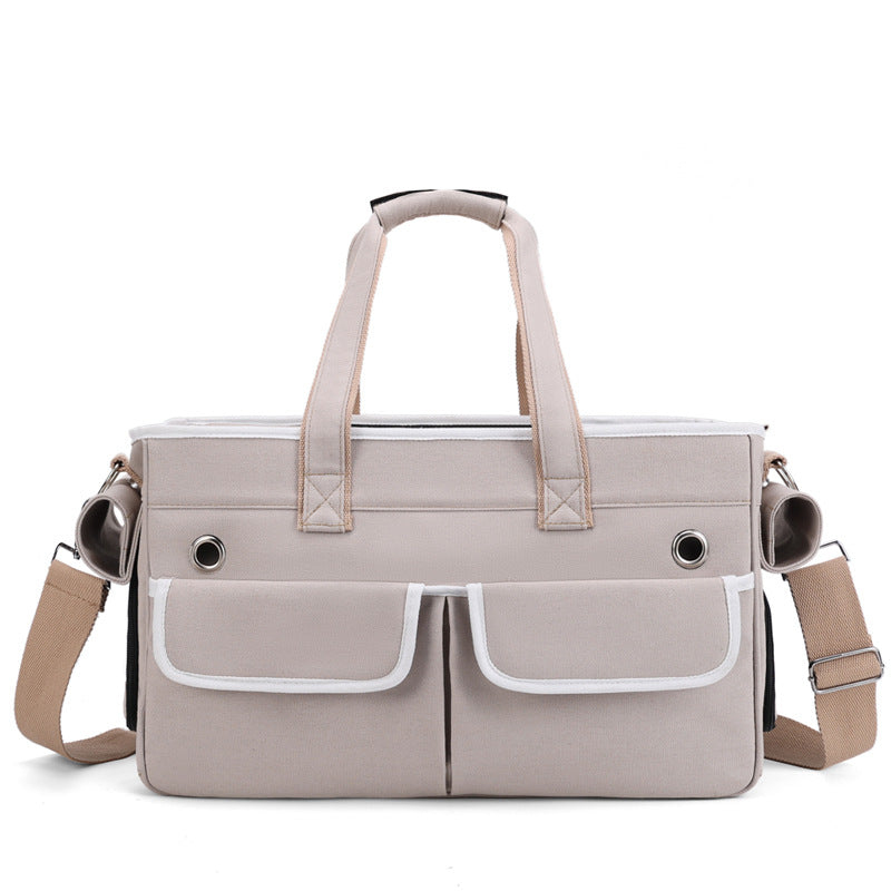 A fashionable and practical pet carrier with multiple pockets and ventilation holes, convenient for pet travel.