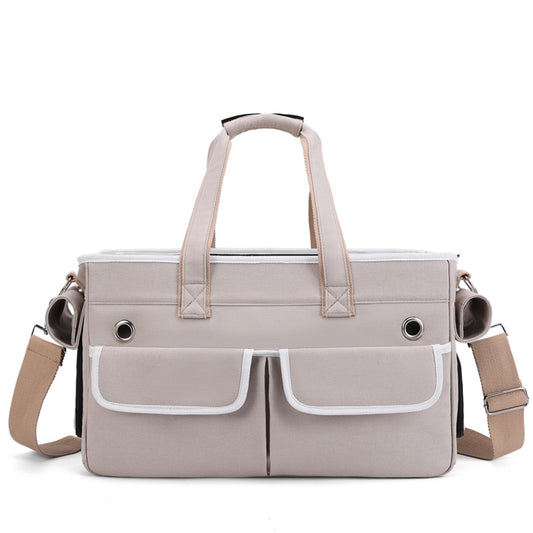 A fashionable and practical pet carrier with multiple pockets and ventilation holes, convenient for pet travel.