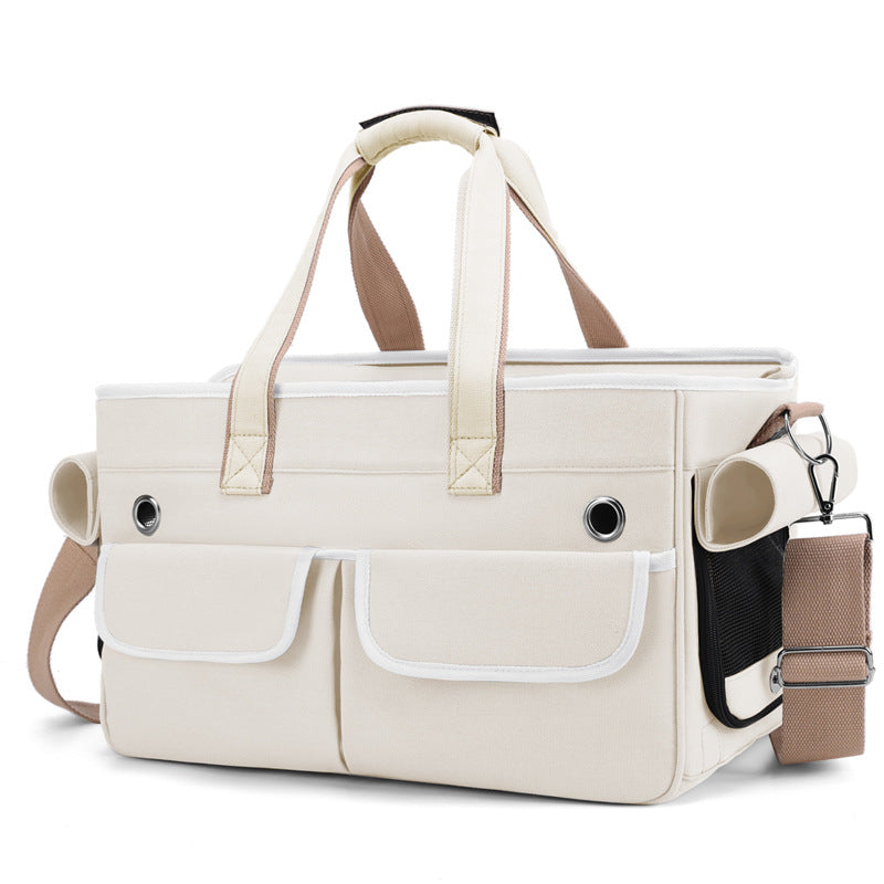 A fashionable and practical pet carrier with multiple pockets and ventilation holes, convenient for pet travel.