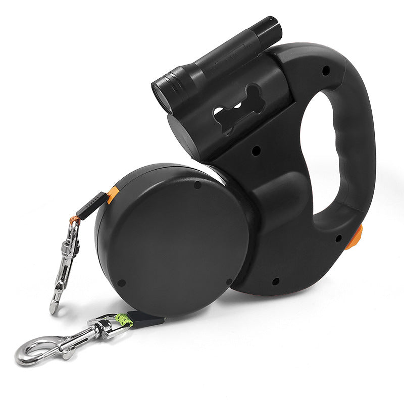 Automatic telescopic leash with LED flashlight, one tow two, double-head dog walking leash, dog leash