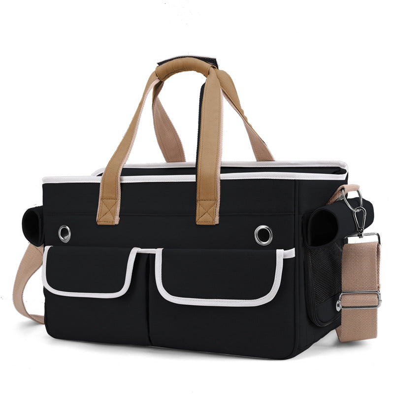 A fashionable and practical pet carrier with multiple pockets and ventilation holes, convenient for pet travel.