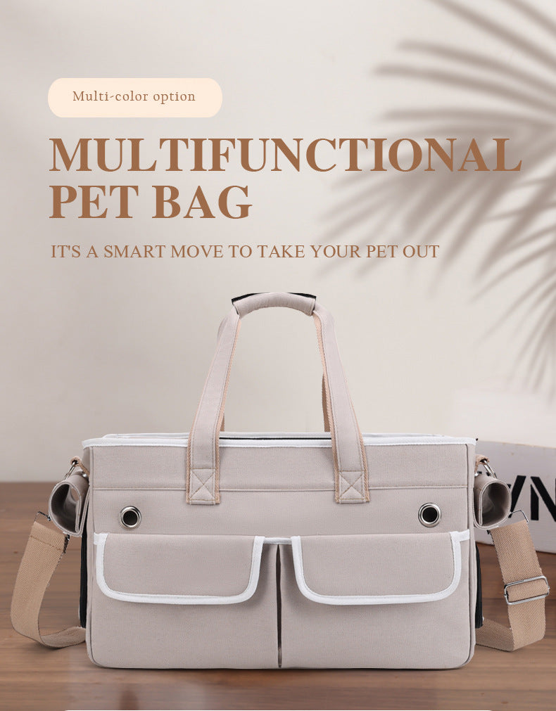A fashionable and practical pet carrier with multiple pockets and ventilation holes, convenient for pet travel.